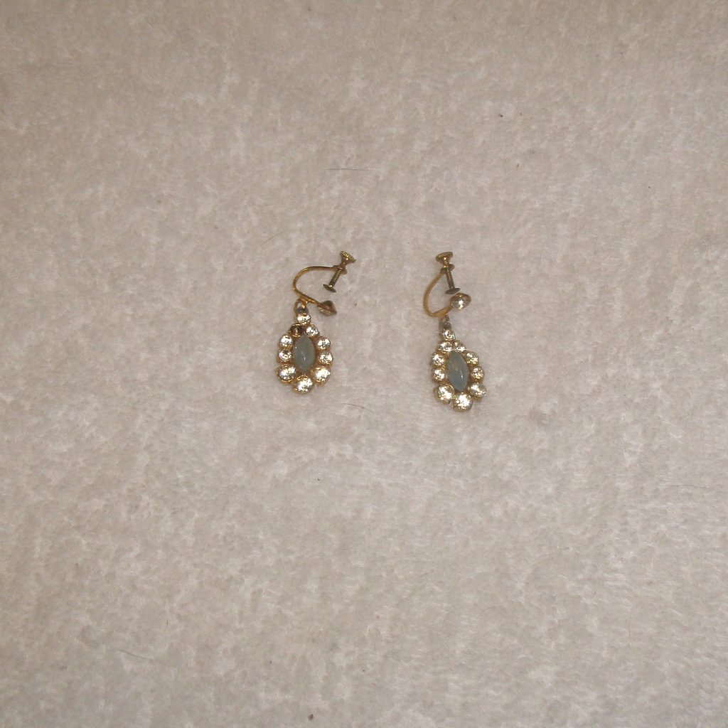 Screw Back Earrings Gold Tone Opal Rhinestones Dangles